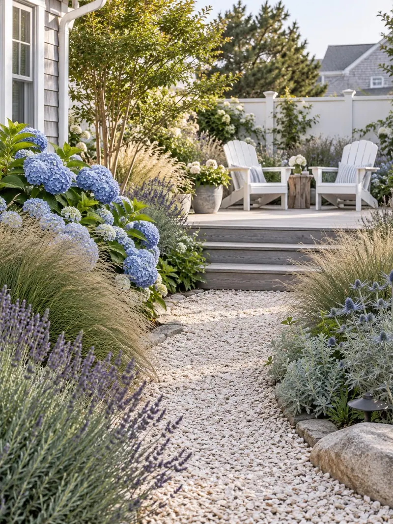 Coastal garden style with characteristic planting and materials