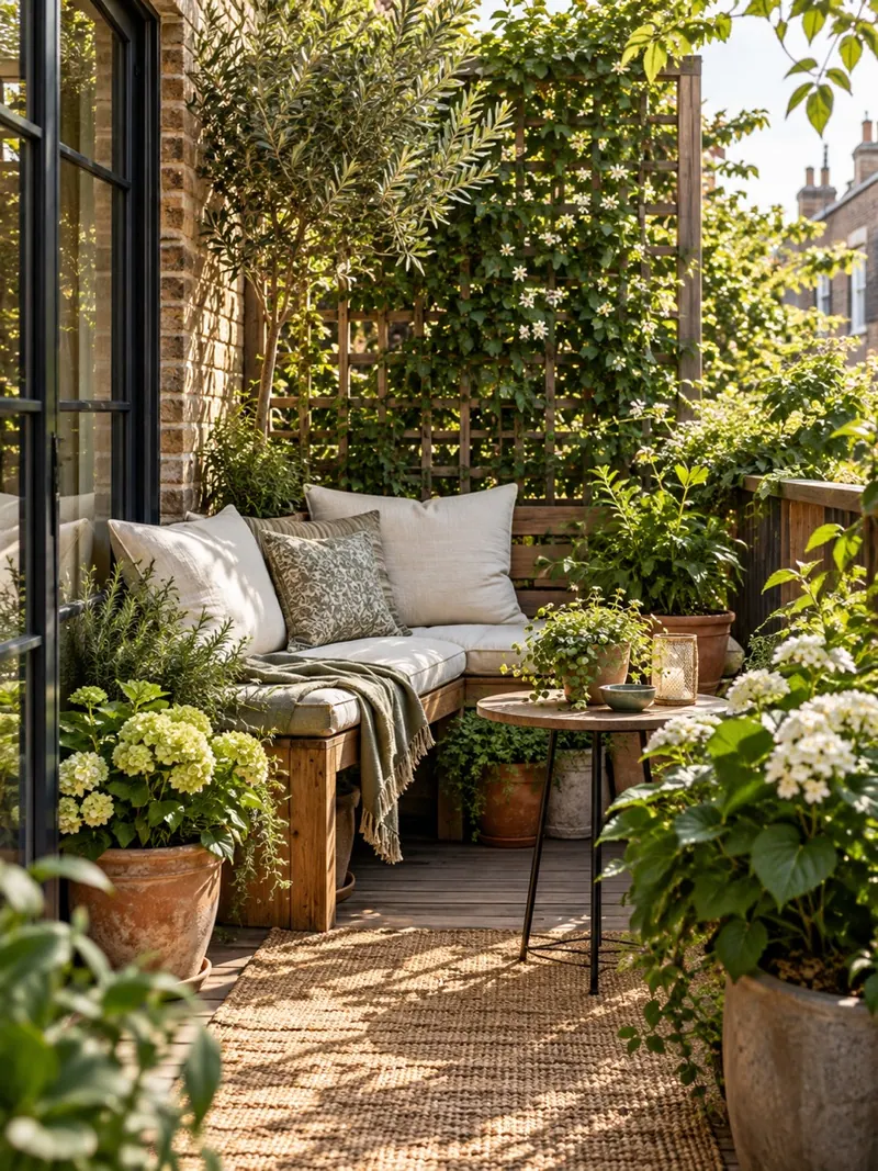 Cozy garden style with characteristic planting and materials