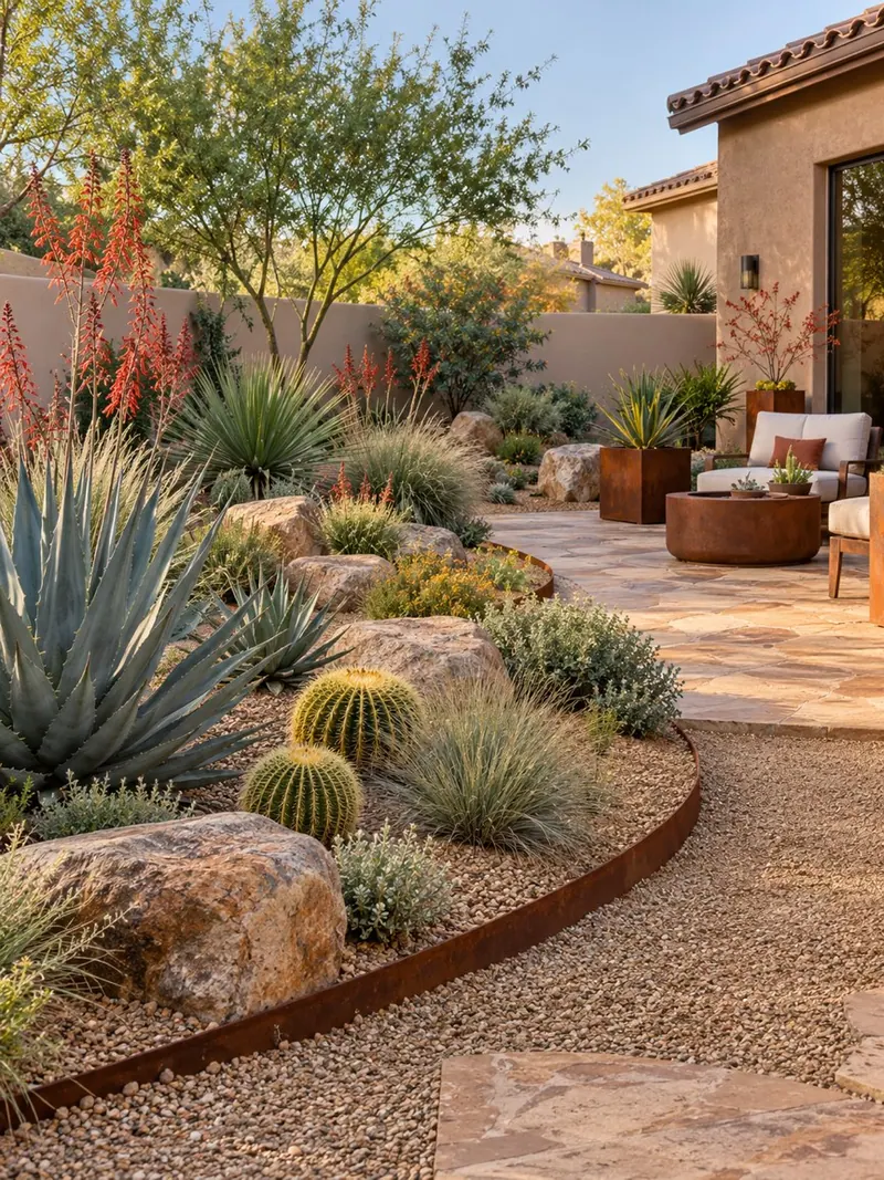 Desert (drought-tolerant) garden style with characteristic planting and materials