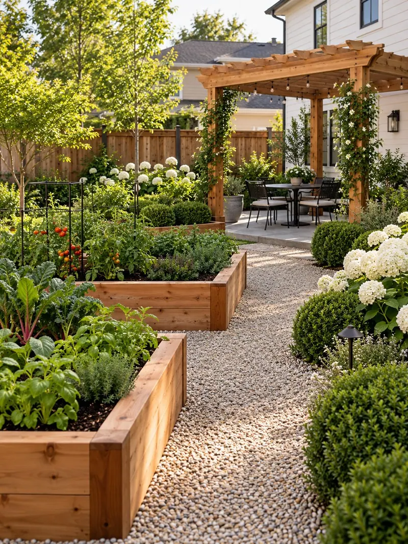 Modern farmhouse garden style with characteristic planting and materials