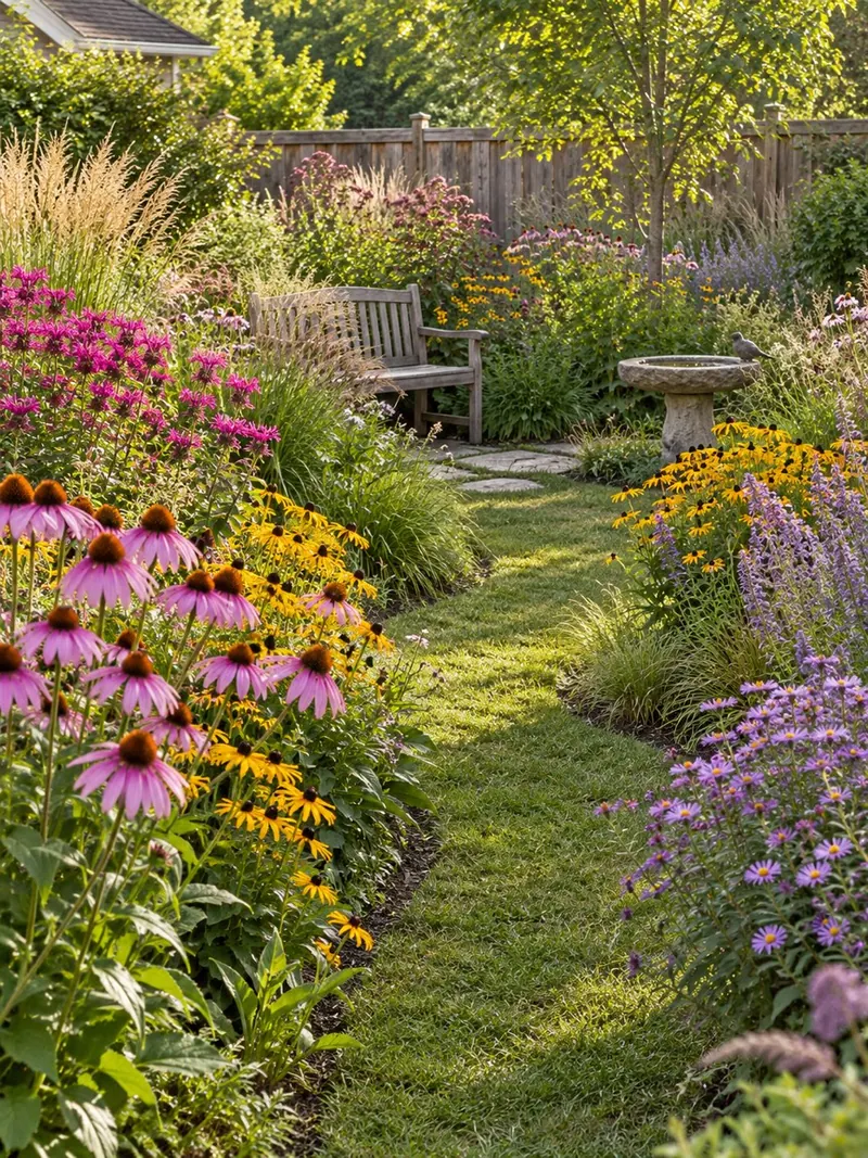 Pollinator meadow garden style with characteristic planting and materials