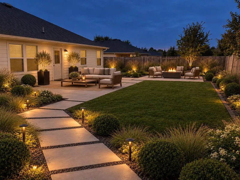 Patio design concept with planted borders, seating and garden lighting
