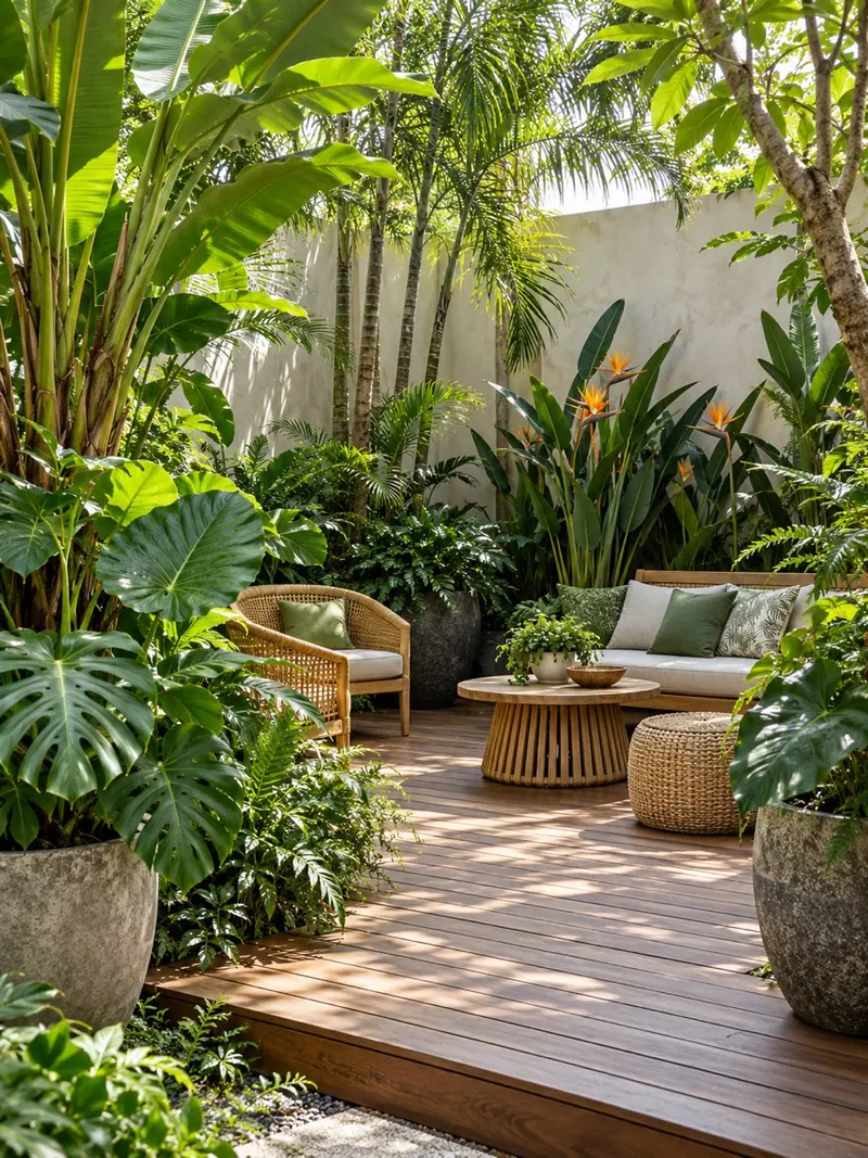 Tropical garden style with characteristic planting and materials